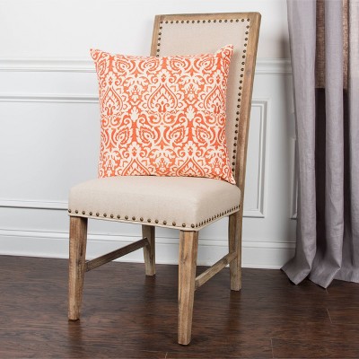 22" Orange and Natural Cotton Damask Square Throw Pillow