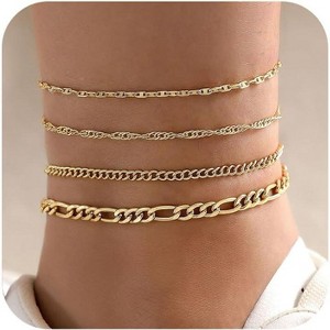 14K Gold Plated Ankle Bracelets Sets For Women, Adjustable Layered Anklet - 1 of 4
