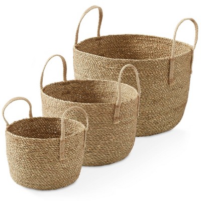 Set of 3 Natural Seagrass Round Storage Baskets with Jute Handles