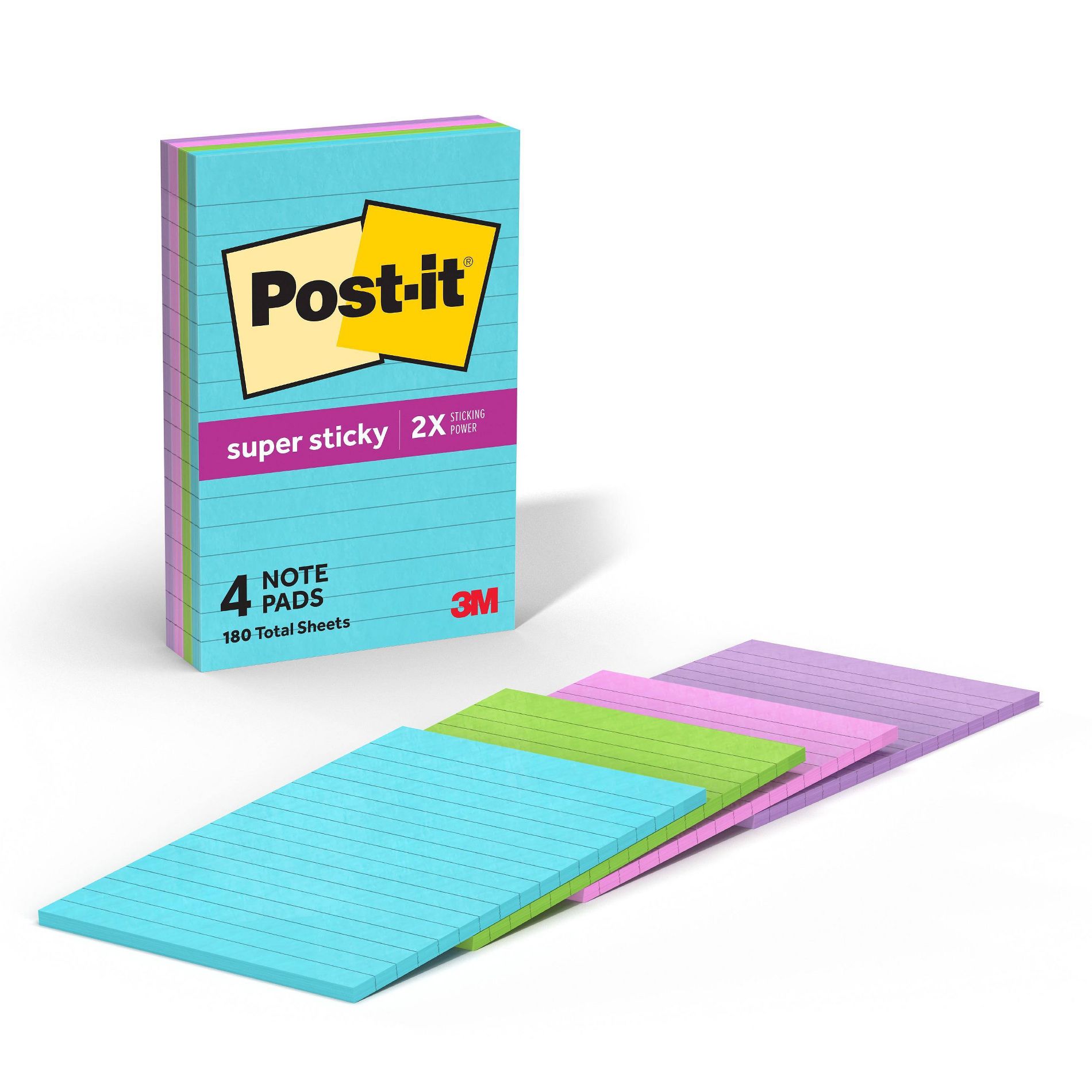 Post-it® Super Sticky Notes, 4 in. x 6 in., Supernova Neons Collection, 4 Pads/Pack, 45 Sheets/Pad, Lined: Notepads, Multicolor, Art Design