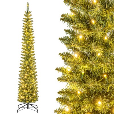 Costway 5/6/7/99 FT Pre-Lit Pencil Christmas Tree with 400 LED Lights & 699 Branch Tips Party