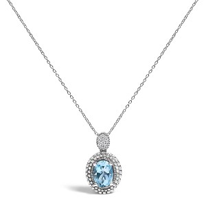 Haus of Brilliance Silver Oval Blue Topaz and Diamond Accent with Beaded Halo Pendant Necklace - 1 of 4