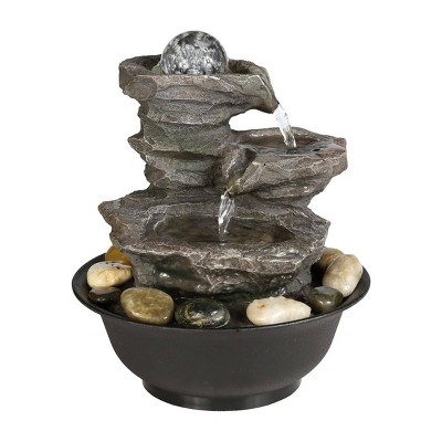 11.4" 3-Tier Rock Fall Tabletop Zen Fountain with Crystal Ball Accent and LED Light - Gray - Watnature