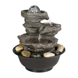11.4" 3-Tier Rock Fall Tabletop Zen Fountain with Crystal Ball Accent and LED Light Gray - Watnature