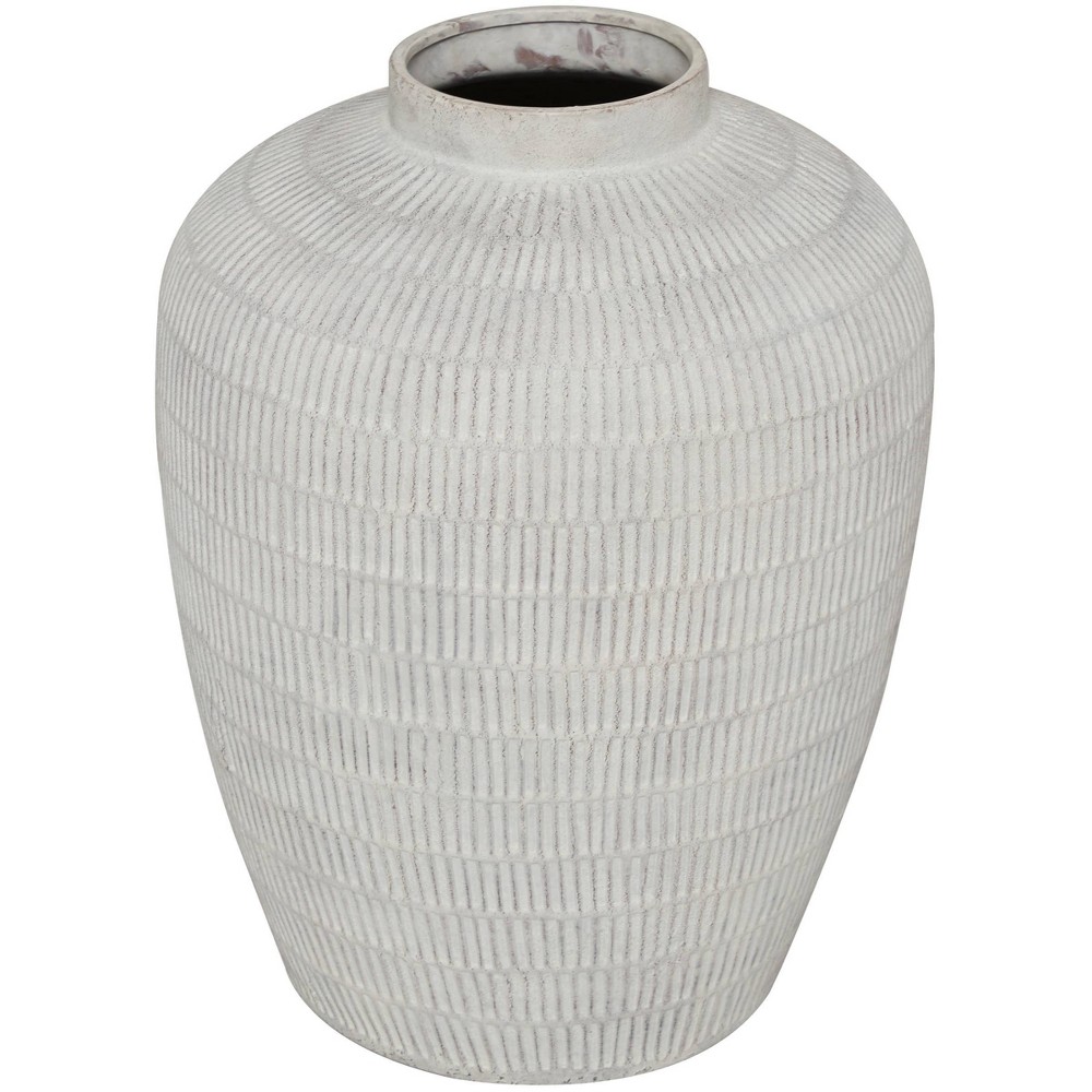 Olivia & May Ceramic Textured Vase with Linear Pattern Cream: Modern Amphora, Spot Clean, Tabletop Decor