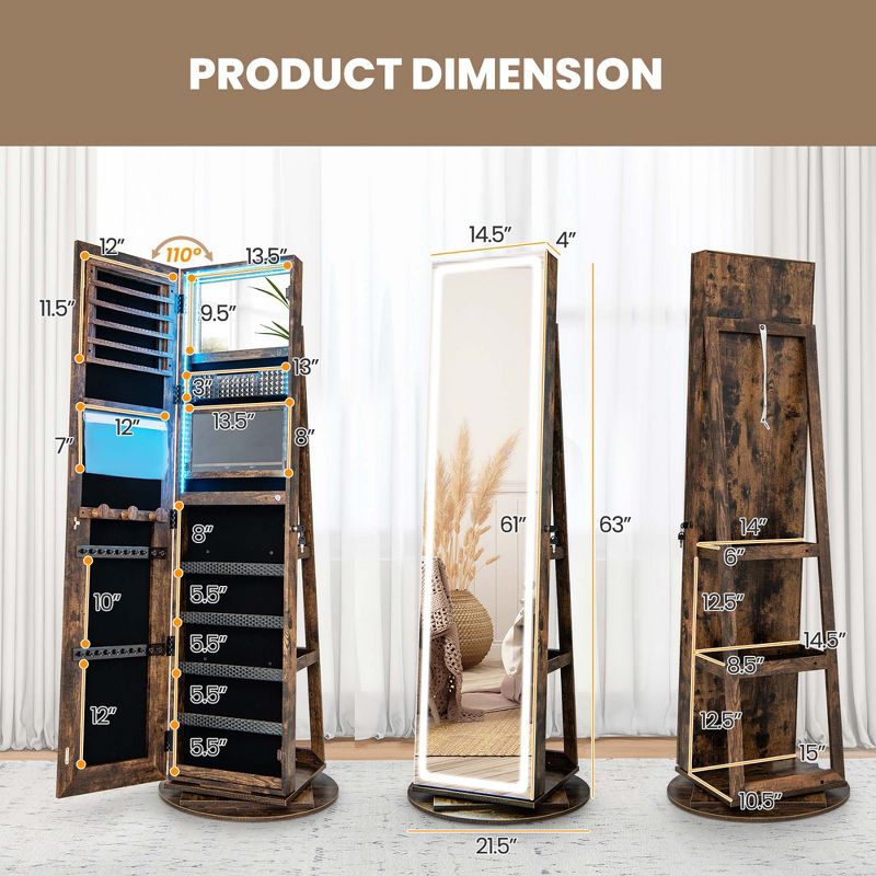 Costway 360° Swivel Jewelry Cabinet Organizer 3-Color LED Mirror with Built-in Lights Coffee/White/Black/Brown, 3 of 11