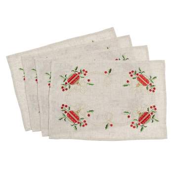 Saro Lifestyle Embroidered Ornament Design Holiday Linen Blend Placemat (Set of 4), 14"x20", Beige