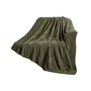 Itopfox Soft Cozy Knit Throw Blanket, Olive Green Checkered Decorative Christmas Warm Knitted Blanket for Bed Sofa Living Room - 1 of 4
