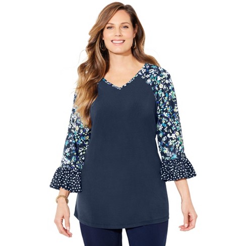 Catherines Women's Plus Size Flounce Sleeve Top - 0x, Navy Ditsy Floral ...