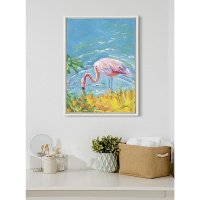 Summer Sip Flamingo Print on Canvas with White Frame