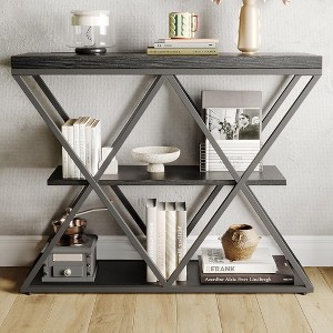 Industrial 3-Tier Entryway Console Table with Storage, Sofa Table with Open Shelves & X-Shaped Metal Frame, Foyer/Hallway Accent, Black - 1 of 4