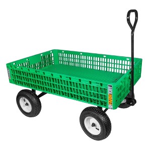 FARM-TUFF Durable Plastic Crate Garden Wagon Utility Cart with Pneumatic Tires, Green, 30" x 46" - 1 of 3