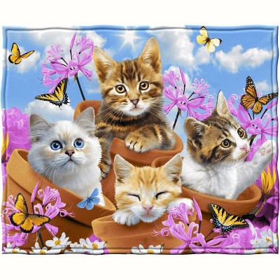 Garden Wonder Kittens Fleece Throw Blanket with Floral Design