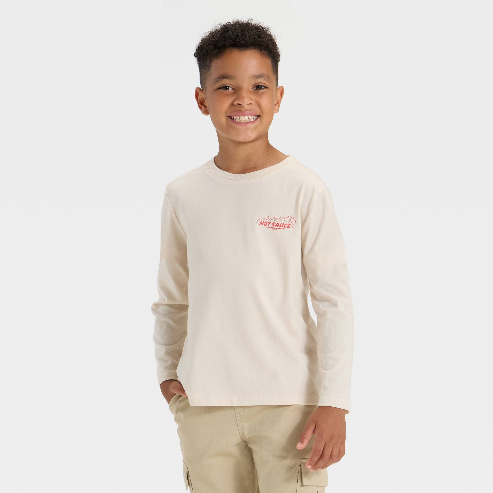 Boys' Long Sleeve 'Hot Sauce' Graphic T-Shirt - Cat & Jack™ Beige L