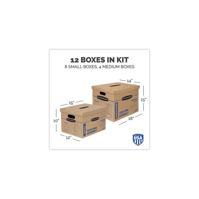 Bankers Box SmoothMove Classic Moving/Storage Box Kit, Half Slotted Container (HSC), Assorted Sizes: (8) Small, (4) Med, Brown/Blue,12/CT, 2 of 8