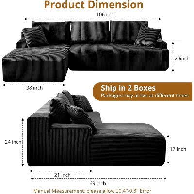 106" Cloud Sectional Couch Modern Modular L Shape Sofa with Chaise Deep Seat Comfy Fluffy Corduroy Upholstered Couches for Living Room Bedroom