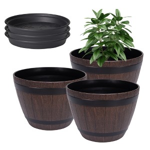 VECELO Planters Set, Plastic Pot with Perforated Tray, Decorative Foliage Plants, Vintage Planters 3-Piece Set, Artificial Wood Planters - 1 of 4