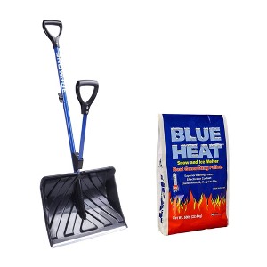 Snow Joe Shovelution Strain-Reducing Snow Shovel with Spring-Assisted Handle and Blue Heat Pet-Friendly Ice Melt Pellets, 20 Pound Bag - 1 of 4