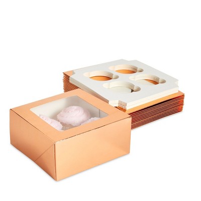 Blue Panda 15 Pack Rose Gold Cupcake Boxes with Window and 4-Count Inserts for Packaging