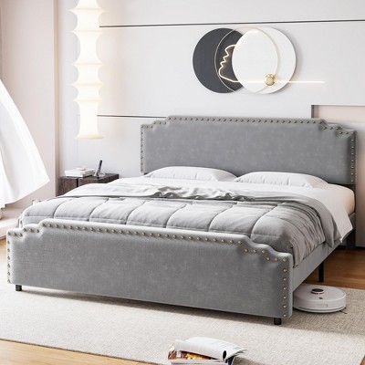 Full Size Bed Frame, Velvet Upholstered Platform Bed Frame with Headboard Rivet Decor, Strong Wood Slat Support