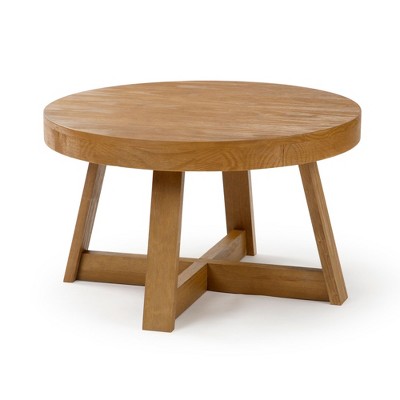 Pecan Wirebrush Round Pine Wood Coffee Table, 30 Inch
