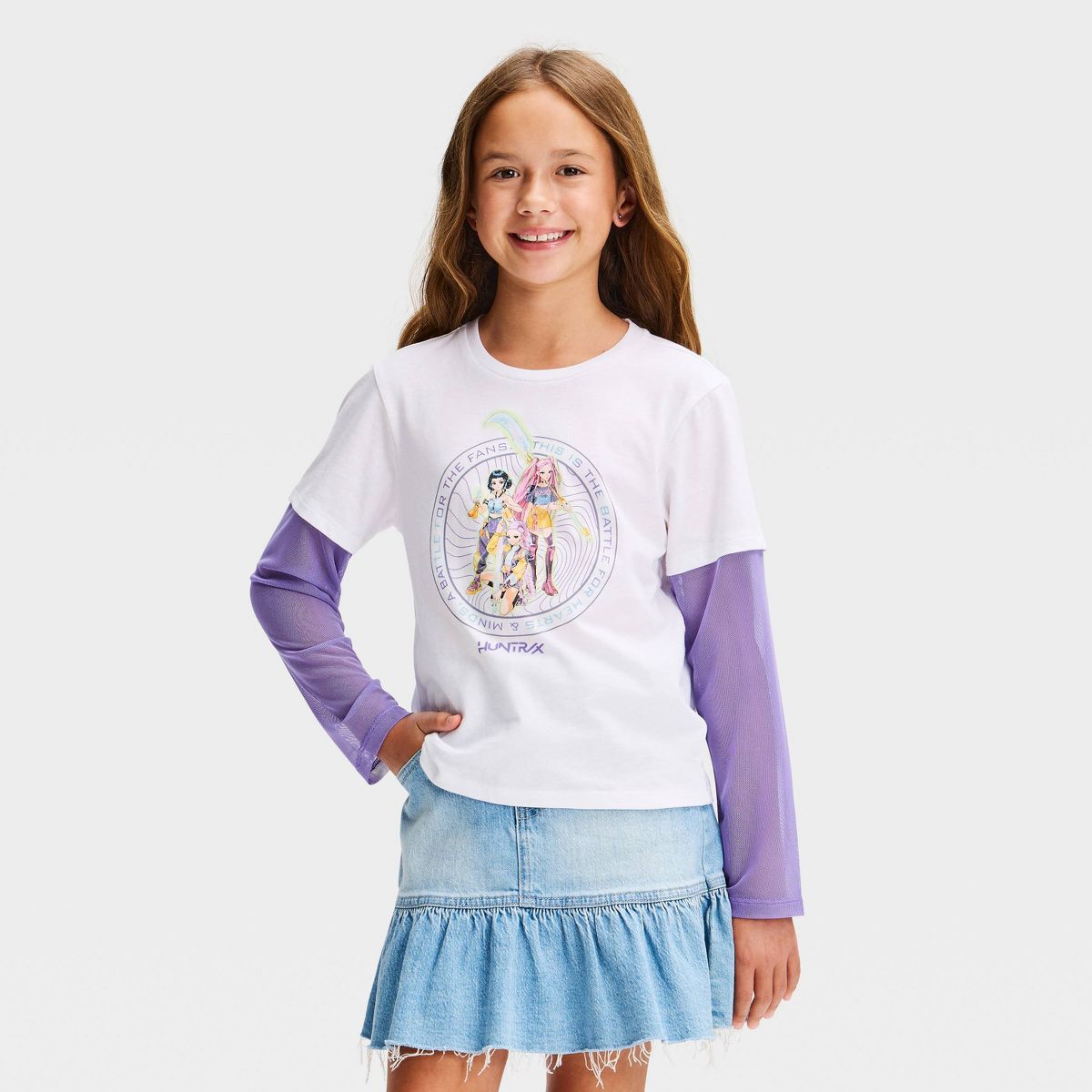 Girls' KPop Demon Hunters Huntrix 2-Fer Long Sleeve Graphic T-Shirt with Mesh - Purple/White