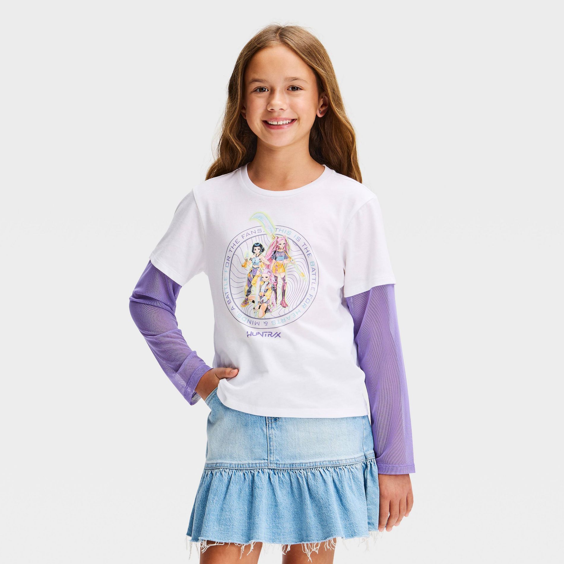 Girls' KPop Demon Hunters Huntrix 2-Fer Long Sleeve Graphic T-Shirt with Mesh - Purple/White