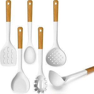BRINJOY White Heat Resistant Silicone Cooking Kitchen Utensils with Wooden Handles, Spatula Set, BPA Free - 1 of 4