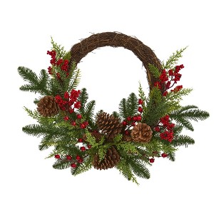 Nearly Natural 22” Mixed Pine and Cedar with Berries and Pine Cones Artificial Wreath - 1 of 4