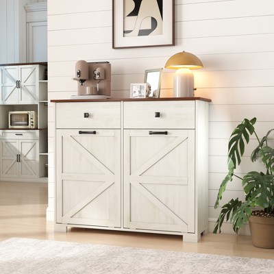 Vynxaria Farmhouse Trash Can Cabinet with 2 Drawers SpaceSaving, Holds 2×10 Gallon Bins,Waterproof Top, Durable Engineered Wood