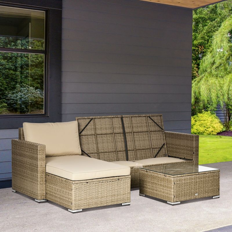 Outsunny 3 Piece Patio Furniture Set, Rattan Outdoor Sofa Set with Chaise Lounge & Loveseat, Soft Cushions, Storage, Table, Sectional Couch, Khaki, 3 of 8