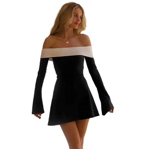 Coolmee Womens Mini Dress Off The Shoulder A Line  Long Sleeve Ruched Cocktail Party Prom Short Women Dresses - 1 of 4