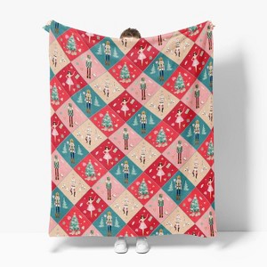 Christmas Flannel Blanket Throw, Nutcracker Pink Green Buffalo Plaid Soft Fuzzy Plush Cozy Fleece Blankets - 1 of 4