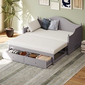 Twin Size Wood Daybed Sofa Bed Extendable Daybed with with Extended Pop Up Trundle and Storage Drawers, White/Gray -ModernLuxe - 1 of 4