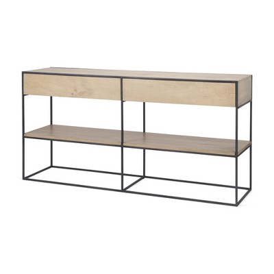 HomeRoots 63" Natural and Black Solid Wood and Metal Frame Console Table With Shelf And With Two Drawers
