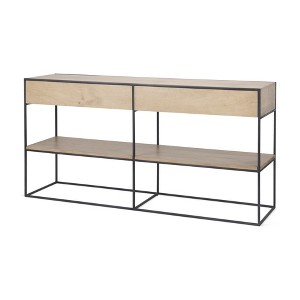 HomeRoots 63" Natural and Black Solid Wood and Metal Frame Console Table With Shelf And With Two Drawers - 1 of 4