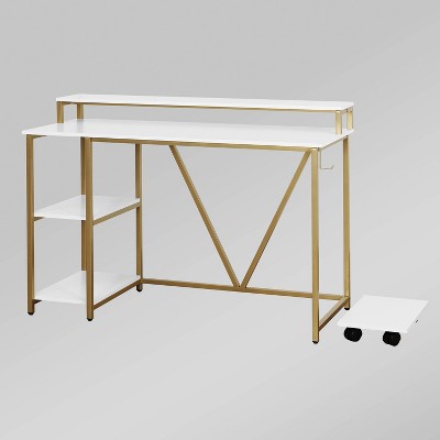 Modern Industrial Gold and Wood Writing Desk with Elevated Shelves