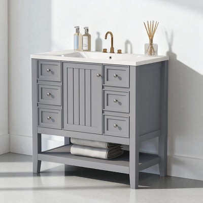 36" Bathroom Vanity with Ceramic Sink –  Cabinet with 3 Drawers, 1 Door, Open Shelf, and Painted Finish, Freestanding Single Vanity Sink