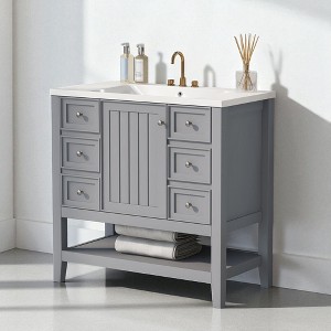 36" Bathroom Vanity with Ceramic Sink –  Cabinet with 3 Drawers, 1 Door, Open Shelf, and Painted Finish, Freestanding Single Vanity Sink - 1 of 4