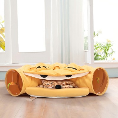 LAOTIES Collapsible Cat Tunnel Bed with Plush Cushion AndHanging Toys – Soft,Washable And Non-Slip Pet Hideaway