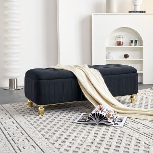 CAVINAS Storage Ottoman Bench, Upholstered Velvet Fabric Storage Ottoman with Safety Hinge, Gold Decoration Strip and Gold Embroidery Footstool - 1 of 4