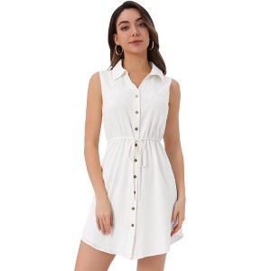 Allegra K Women's Collar Button Down Tie Waist Mini Chambray Shirt Dress - 1 of 4