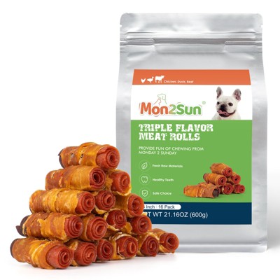MON2SUN Rawhide Free Dog Treats, 3 Inch Triple Flavor Chicken Wrapped Duck and Beef Rolls for Small Dogs, Healthy Snacks, 13.23oz