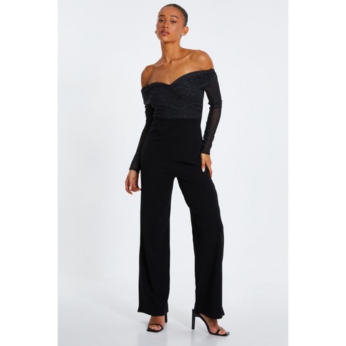 Quiz Women s Glitter Mesh Bardot Scuba Crepe Palazzo Jumpsuit Target