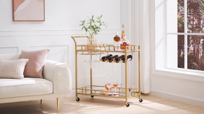 Black Steel Bar Cart with Mirrored Shelves and Wine Holders