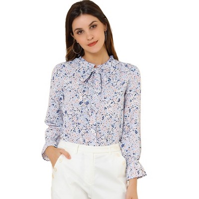 Allegra K Women's Vintage Floral Tie Neck Long Sleeve Ruffled Collar Peasant Blouse