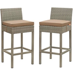Modway Conduit Bar Stool Outdoor Patio Wicker Rattan Set of 2 - Light Gray Mocha - 1 of 4