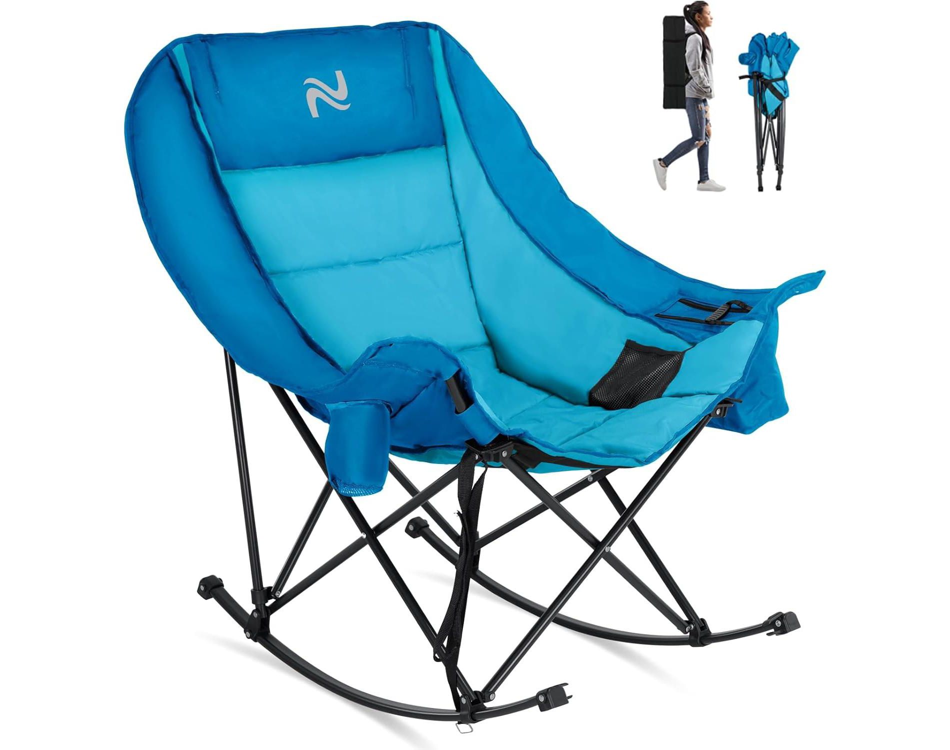 Docred Folding Rocking Camping Chair, Portable Outdoor Rocker with Cooler Bag, 400lbs Capacity, 600D Oxford Fabric, Padded Rocker Chair