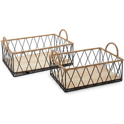 Juvale 2 Pack Wire Baskets Set with Handles, Wood Organizing Bins (2 Sizes)