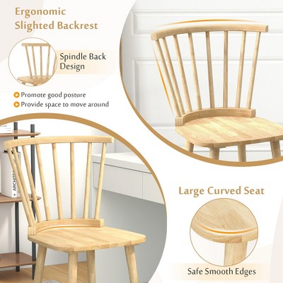 Natural Rubber Wood Windsor Dining Side Chairs with Slat Back, Set of 2
